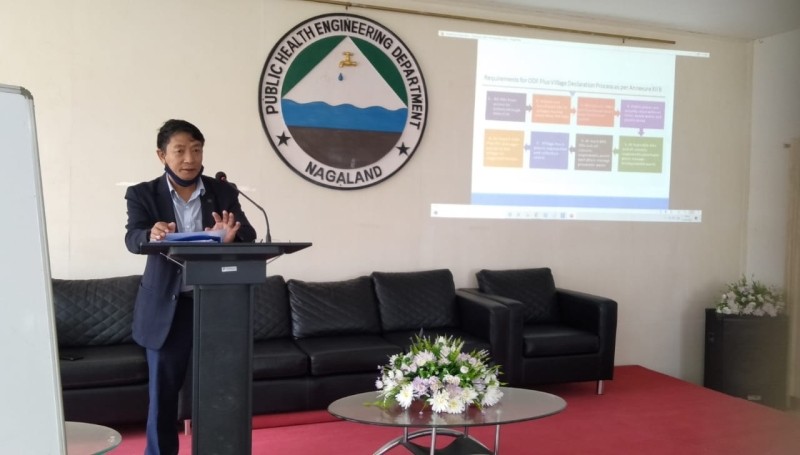 Er T Sangtam, Chief Engineer, Sanitation & WSSO PHED addressing the training on Open Defecation Free Plus Baseline Survey App at PHED Conference Hall, Kohima on September 23.