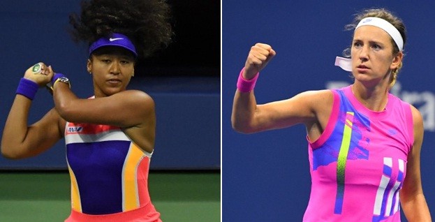 Collage: Naomi Osaka of Japan hits a backhand against Jennifer Brady of the United States (Danielle Parhizkaran-USA TODAY Sports via Reuters). Victoria Azarenka of Belarus reacts against Serena Williams of the United States in the women's singles semifinals match on day eleven of the 2020 U.S. Open tennis tournament at USTA Billie Jean King National Tennis Center. (Robert Deutsch- TODAY Sports via Reuters)