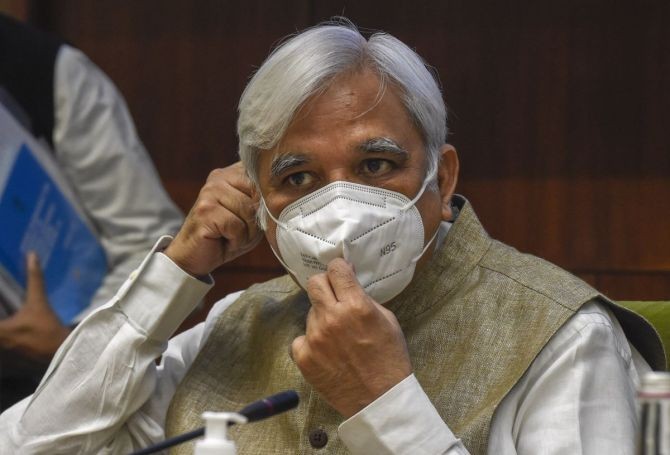 Chief Election Commissioner Sunil Arora wears a mask at a press conference to announce the schedule for Bihar Assembly Elections 2020, in New Delhi, on Friday. Photograph: Atul Yadav/PTI Photo