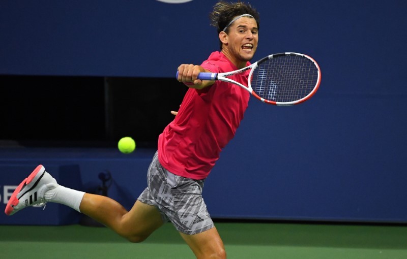 Dominic Thiem of Austria hits the ball against Marin Cilic of Croatia on day six of the 2020 U.S. Open tennis tournament at USTA Billie Jean King National Tennis Center. Robert Deutsch-USA TODAY Sports