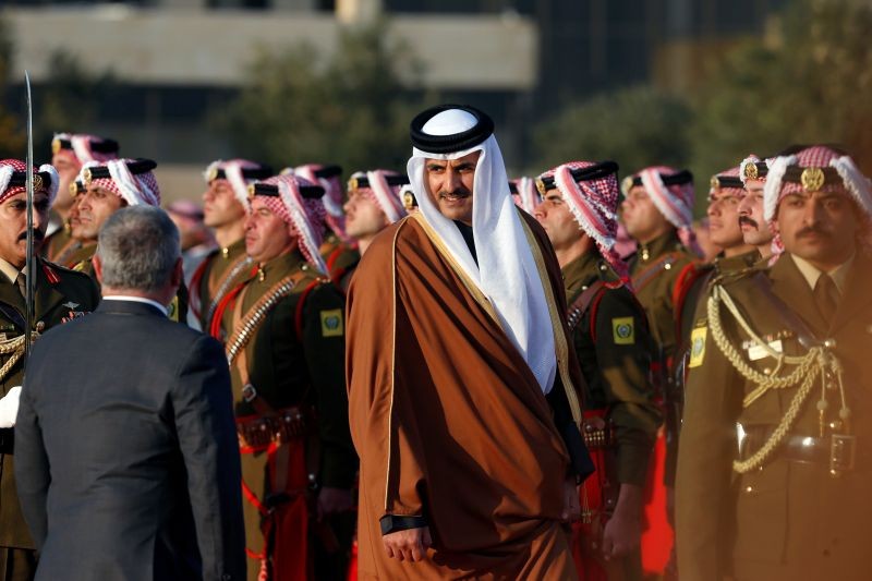 Jordan's King Abdullah II and Qatar's Emir Sheikh Tamim bin Hamad al-Thani review Bedouin honour guards at the Queen Alia International Airport in Amman, Jordan on February 23, 2020. (REUTERS File Photo)