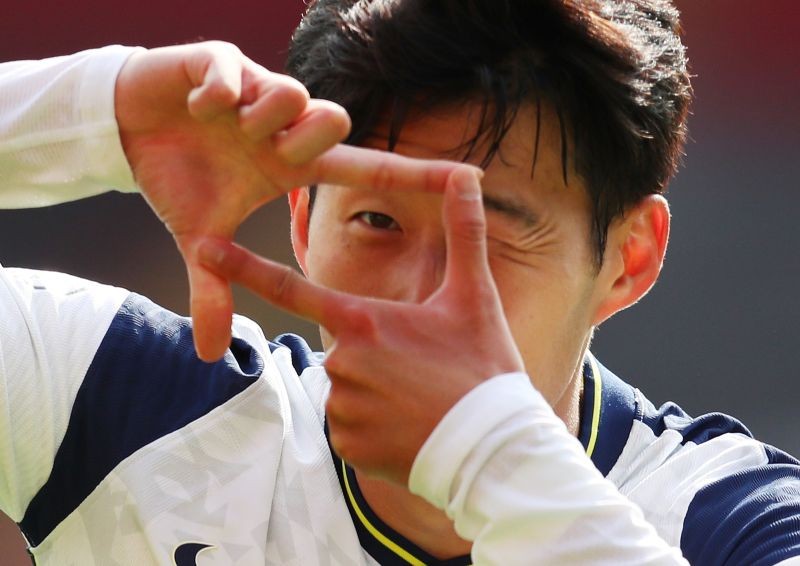 Tottenham Hotspur's Son Heung-min celebrates scoring their second goal on September 20. Pool via REUTERS/Catherine Ivill