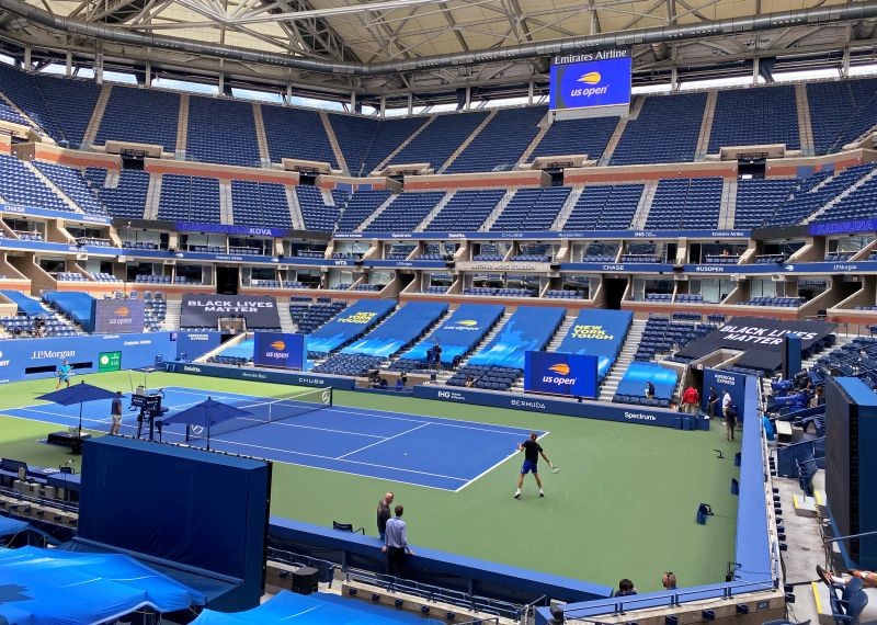 Signage bearing the words "Black Lives Matter" is seen inside Arthur Ashe Stadium on day one of the U.S. Open tennis tournament in the Queens borough of New York City, U.S., August 31, 2020. REUTERS/Amy Tennery