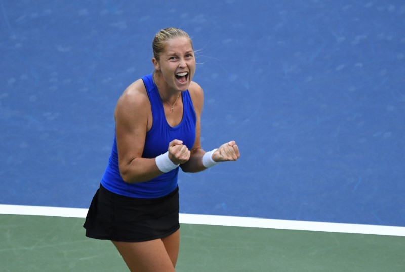 Shelby Rogers of the United States celebrates match point against Petra Kvitova of Czech Republic on day seven of the 2020 U.S. Open tennis tournament at USTA Billie Jean King National Tennis Center. (USA TODAY Sports Photo via Reuters)