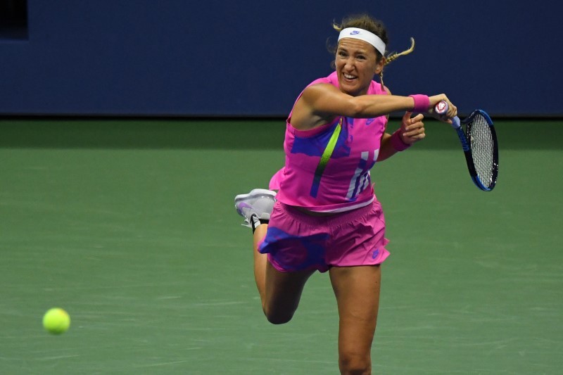 Victoria Azarenka of Belarus hits a forehand against Serena Williams of the United States (not pictured) in a women's singles semi-finals match on day ten of the 2020 U.S. Open tennis tournament at USTA Billie Jean King National Tennis Center. Danielle Parhizkaran-USA TODAY Sports