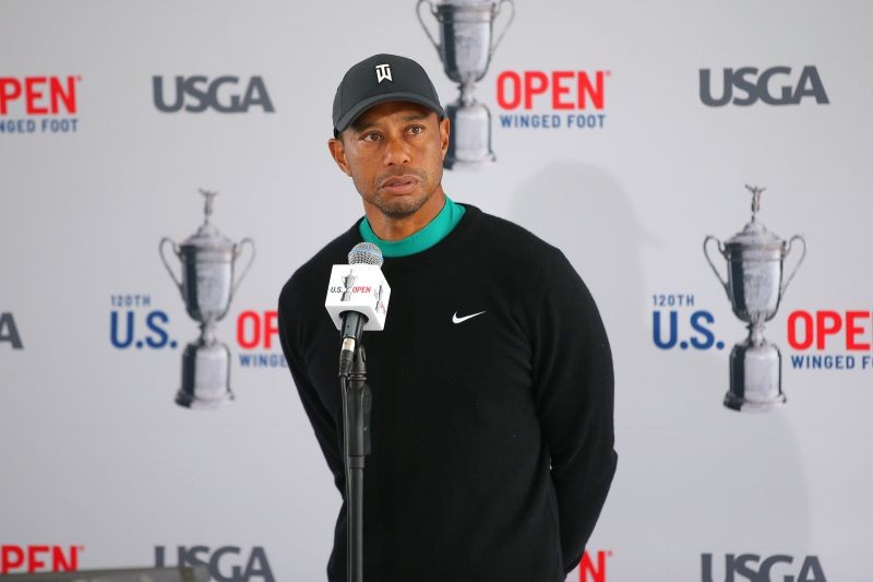 Tiger Woods meets the media after his practice round for the 2020 U.S. Open golf tournament at Winged Foot Golf Club - West. Credit: Brad Penner-USA TODAY Sports