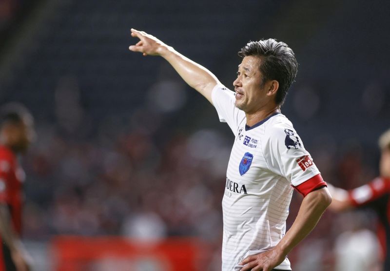 Yokohama FC's Japanese striker Kazuyoshi Miura who is recognised as the world's oldest goalscorer and oldest player currently playing in a professional league, gestures during J. League YBC Levain Cup soccer match against Hokkaido Consadole Sapporo in Sapporo, northern Japan August 12, 2020. (Photo credit: Kyodo/via REUTERS)