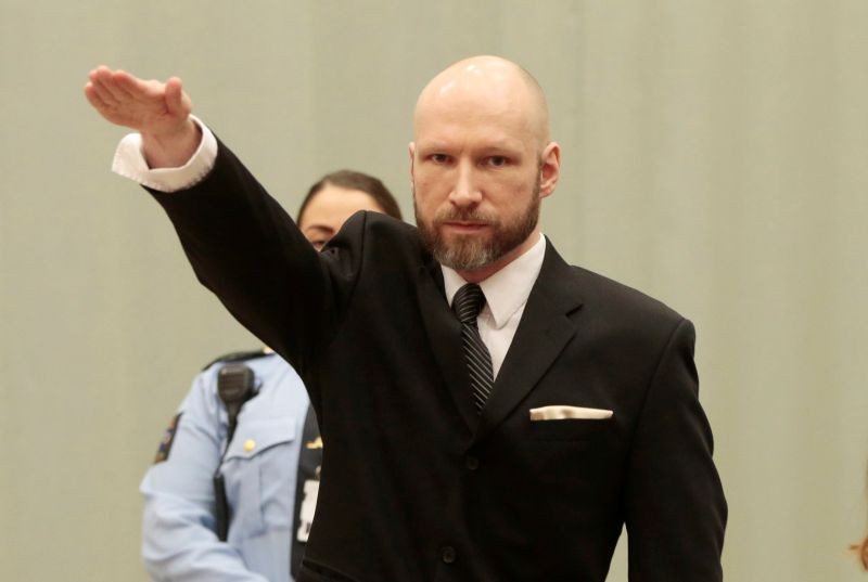 Anders Behring Breivik raises his right hand during the appeal case in Borgarting Court of Appeal at Telemark prison in Skien, Norway, on January10,  2017. (REUTERS File Photo)