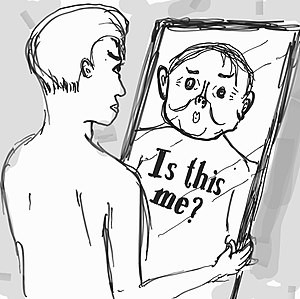 A cartoon of a patient with body dysmorphia looking in a mirror, seeing a distorted image of himself. (Photo Courtesy: https://en.wikipedia.org/wiki)