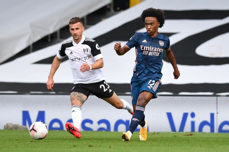 Arsenal's Willian in action with Fulham's Joe Bryan Pool via REUTERS/Ben Stansall/Files