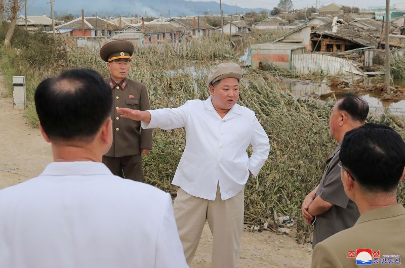 North Korea's leader Kim Jong Un inspects an unspecified area, after North Korea was affected by Typhoon Maysak in this image released September 5, 2020 by North Korea's Korean Central News Agency. (REUTERS Photo)