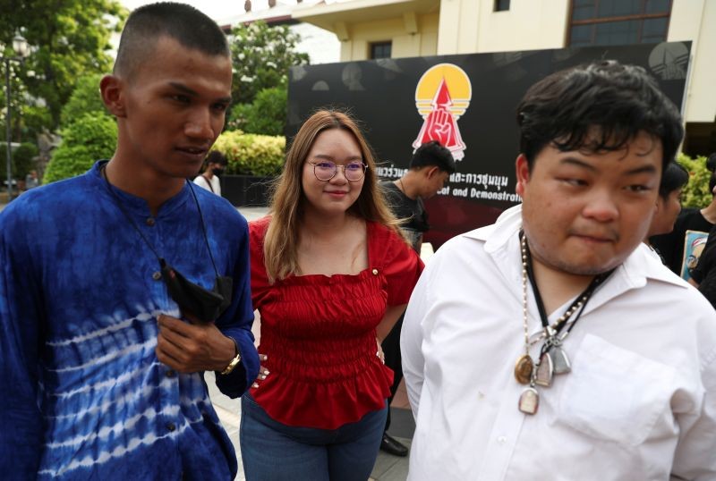 Panupong Jadnok, Panusaya Sithijirawattankul and Parit Chiwarak, student leaders of the United Front of Thammasat and Demonstration speak to the media after a news conference about a protest they will hold on September 19, at the Thammasat University in Bangkok, Thailand on September 9. (REUTERS Photo)