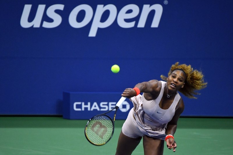 Serena Williams of the United States hits the ball against Margarita Gasparyan of Russia on day four of the 2020 U.S. Open tennis tournament at USTA Billie Jean King National Tennis Center. Robert Deutsch-USA TODAY Sports