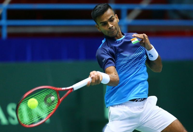 FILE PHOTO: India's Sumit Nagal in action against Croatia's Marin Cilic. REUTERS/Antonio Bronic