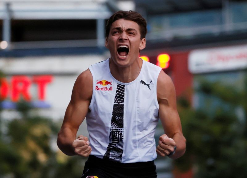 Sweden's Armand Duplantis celebrates during the Pole Vault REUTERS/Denis Balibouse