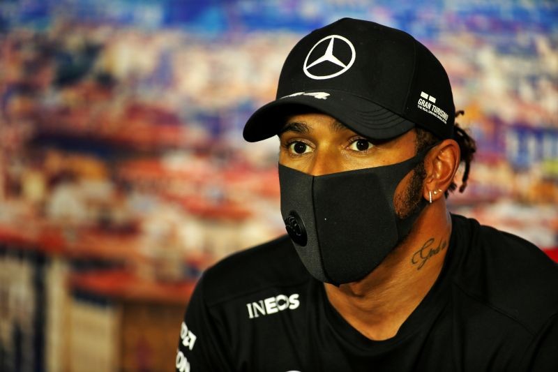 Mercedes' Lewis Hamilton during a press conference after qualifying in pole position FIA/Handout via REUTERS