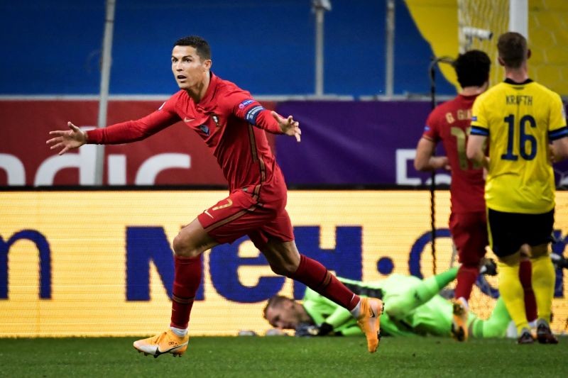 Portugal's Cristiano Ronaldo celebrates after scoring. TT News Agency/Janerik Henriksson via REUTERS