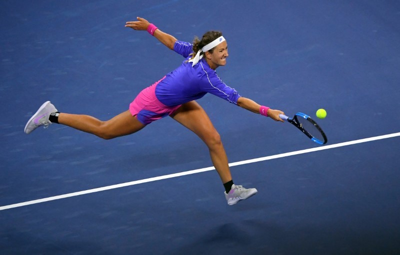 Sep 7, 2020; Flushing Meadows, New York, USA; Victoria Azarenka of Belarus hits the ball against Karolina Muchova of the Czech Republic on day eight of the 2020 U.S. Open tennis tournament at USTA Billie Jean King National Tennis Center. Robert Deutsch-USA TODAY Sports