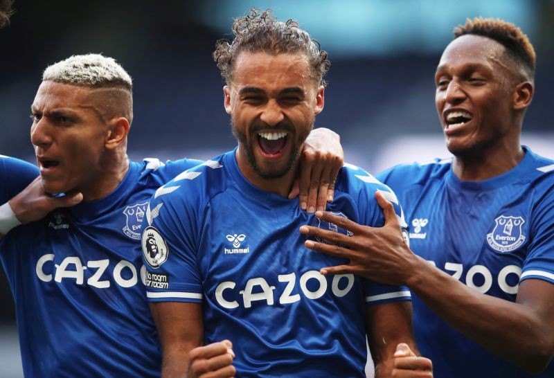 Everton's Dominic Calvert-Lewin celebrates scoring their first goal with Richarlison and Yerry Mina on September 13. Pool via REUTERS/Alex Pantling
