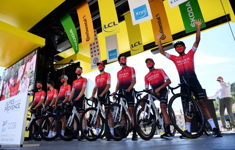 Team Arkea-Samsic riders before the start. Pool via REUTERS/Stuart Franklin