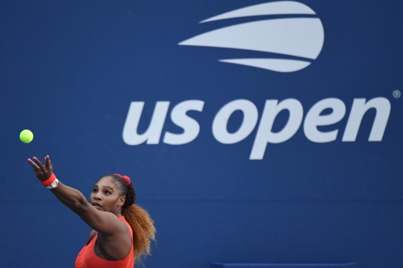 Serena Williams of the United States serves against Sloane Stephens of the United States (not pictured) on day six of the 2020 U.S. Open tennis tournament at USTA Billie Jean King National Tennis Center. USA TODAY Sports Photo via Reuters