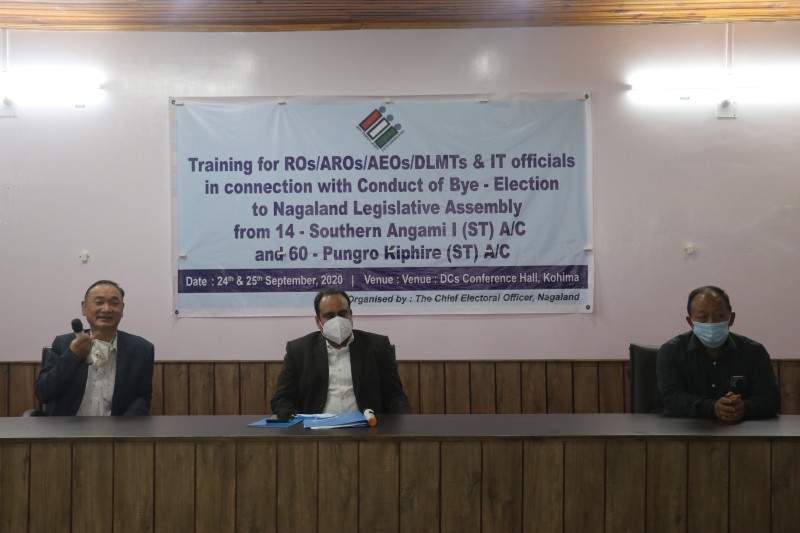 In view of the upcoming Bye-Election to Nagaland Legislative Assembly from 14-Southern Angami- I (ST) Assembly Constituency and 60- Pungro Kiphire (ST) Assembly Constituency the training for ROs, AROs, AEOs, DLMTs & IT officials has been conducted on September 24 and 25 at DCs Conference Hall, Kohima. The certification course was conducted by the National Level Master Trainers. 