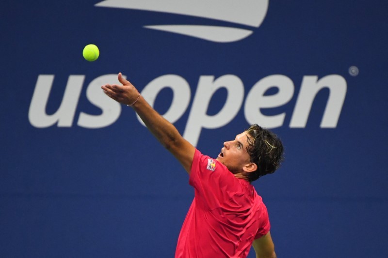 Dominic Thiem of Austria serves against Alex de Minaur of Australia (not pictured) in a men's singles quarter-finals match on day nine of the 2020 U.S. Open tennis tournament at USTA Billie Jean King National Tennis Center. Mandatory Credit: Robert Deutsch-USA TODAY Sports