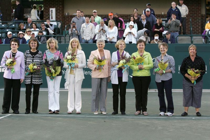 (L-R) Members of the "Original Nine" Billie Jean King, Jane "Peaches" Bartkowicz, Kristy Pigeon, Valerie Ziegenfuss, Judy Tegart Dalton, Julie Heldman, Kerry Melville Reid, Nancy Richey, and Rosemary "Rosie" Casals, who started the Women's Tennis Association, pose for a photo at the 40th anniversary of Family Circle Cup tennis tournament in Charleston, South Carolina on April 7, 2012. (Reuters File Photo)
