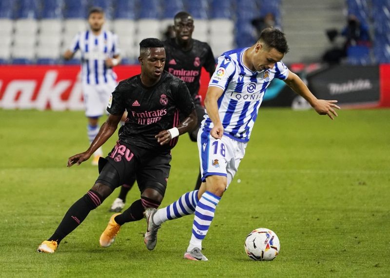 Real Madrid's Vinicius Junior in action with Real Sociedad's Andoni Gorosabel. REUTERS/Vincent West