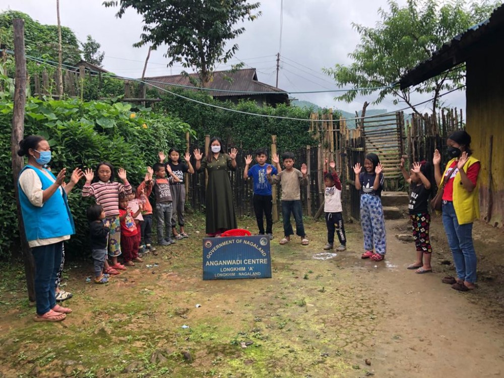 Demonstration on hand washing at Anganwadi centre under Longkhim project during the launching of Poshan Maah 2020 at CDPO office, Longkhim on September 10.