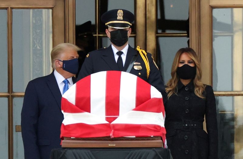 U.S. President Donald Trump reacts to people on the sidewalk booing him while he and First Lady Melania Trump pay their respects to late Associate Justice Ruth Bader Ginsburg as her casket lies in repose at the top of the steps of the U.S. Supreme Court building in Washington, US on September 24. (REUTERS Photo)