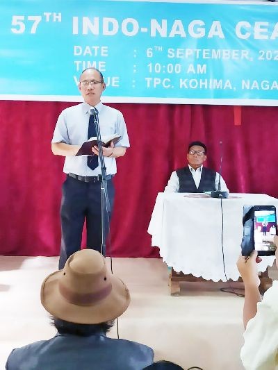Rev Dr Atsi Dolie speaking at the 57th Indo–Naga Ceasefire Day in Kohima on September 6.