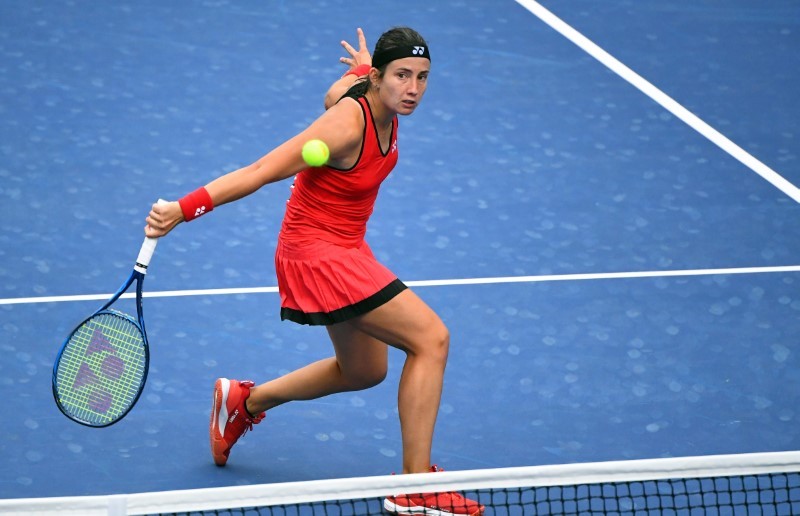 Anastasija Sevastova (LAT) hits the ball against Cori Gauff (USA) on day one of the 2020 U.S. Open tennis tournament at USTA Billie Jean King National Tennis Center. (Robert Deutsch-USA TODAY Sports)