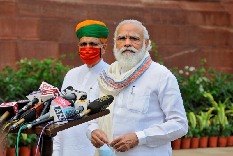 India's Prime Minister Narendra Modi looks on as he speaks to the media inside the parliament premises on the first day of the monsoon session in New Delhi, India, September 14, 2020. REUTERS/Stringer