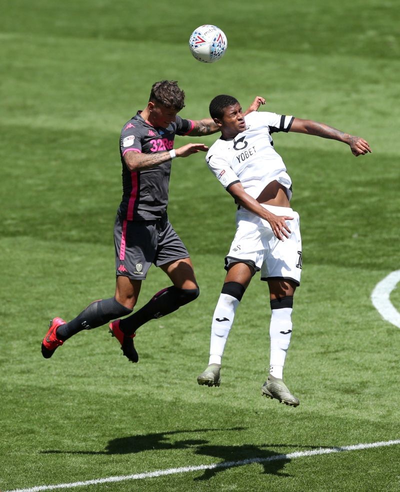 FILE PHOTO: Leeds United's Ben White in action with Swansea City's Rhian Brewster. Action Images/Peter Cziborra/File Photo