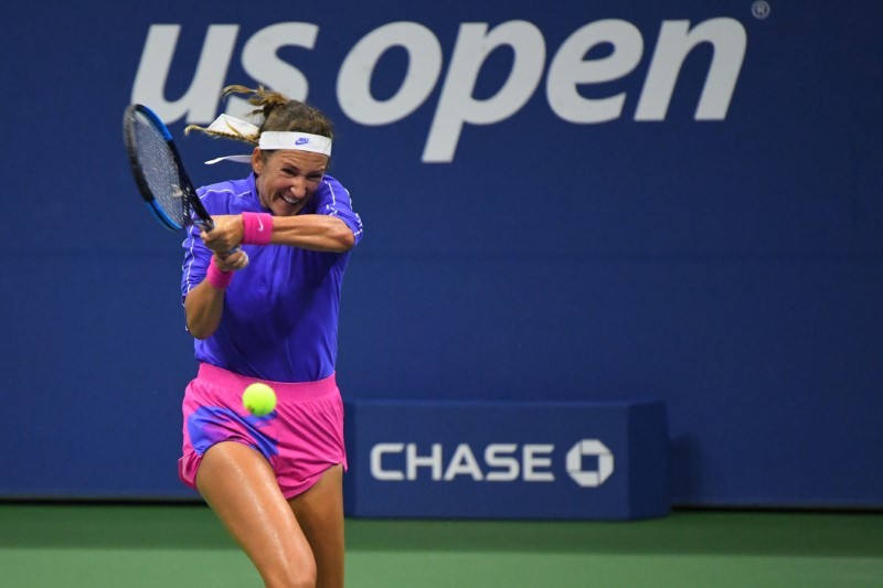 Victoria Azarenka of Belarus hits a backhand against Elise Mertens of Belgium (not pictured) in a women's singles quarter-finals match on day nine of the 2020 U.S. Open tennis tournament at USTA Billie Jean King National Tennis Center. Mandatory Credit: Robert Deutsch-USA TODAY Sports
