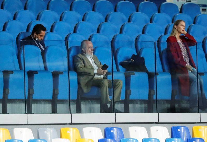 FILE PHOTO: Napoli president Aurelio De Laurentiis in the stands, as play resumes behind closed doors following the outbreak of the coronavirus disease (COVID-19) REUTERS/Ciro De Luca