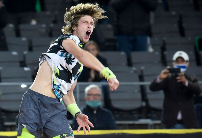 Russia's Andrey Rublev celebrates winning the final against Greece's Stefanos Tsitsipas. REUTERS/Fabian Bimmer