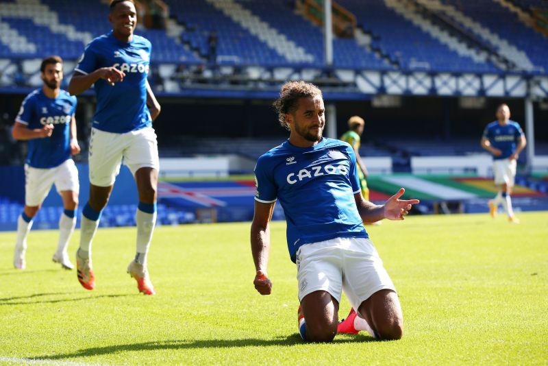 Everton's Dominic Calvert-Lewin celebrates scoring their fifth goal to complete his hat-trick Pool via REUTERS/Alex Livesey