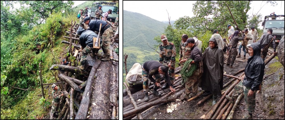 Shamator Battalion of Assam Rifles under the aegis of HQ IGAR (N) carried out joint initiative with local populace to restore the track from Choklangan village to Noklak on September 22. Villagers and troops worked hand in hand despite heavy rain to repair one of the main log bridge and track disrupted by landslides. The track was successfully restored. (Photo Courtesy: HQ IGAR N) 