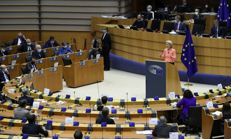 European Commission President Ursula von der Leyen addresses her first State of the European Union speech during a plenary session of the European Parliament as the coronavirus disease (COVID-19) outbreak continues, in Brussels, Belgium on September 16, 2020. (REUTERS Photo)