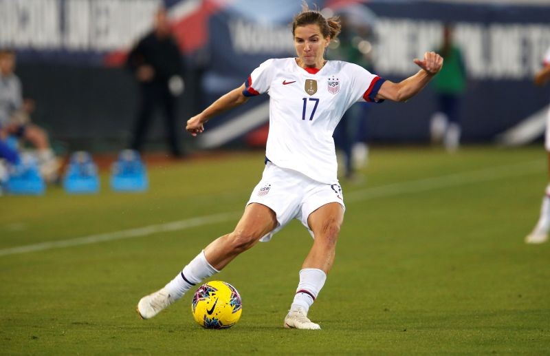 Jacksonville, FL, USA; United States forward Tobin Heath (17) kicks the ball during the first half of an International Friendly Women's Soccer match against the Costa Rica at TIAA Bank Field. Mandatory Credit: Reinhold Matay-USA TODAY Sports/File Photo