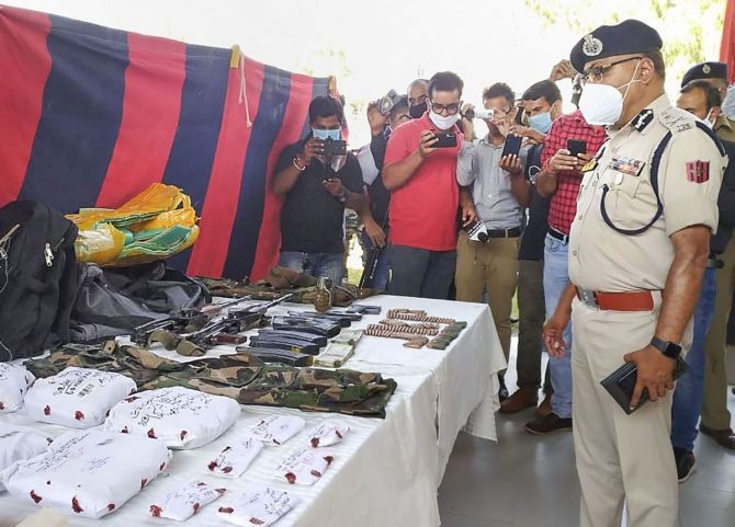 DGP J-K Police Dilbagh Singh at a press conference after three terrorists were arrested during an counter-insurgency operation, in Rajouri district, on Saturday. Photograph: PTI Photo
