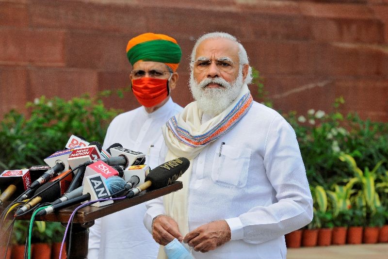 Prime Minister Narendra Modi looks on as he speaks to the media inside the parliament premises on the first day of the monsoon session in New Delhi, September 14, 2020. REUTERS/Stringer