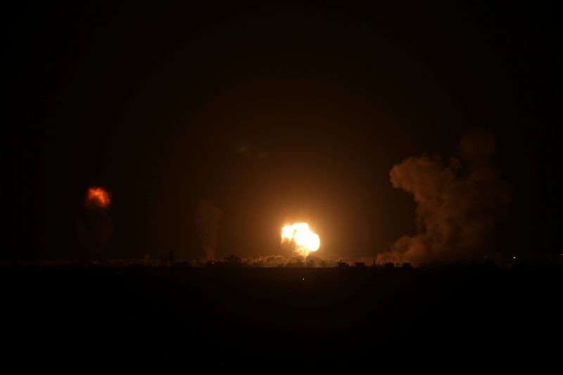 Smoke and flame are seen following an Israeli air strike in the southern Gaza Strip on September 16, 2020. (REUTERS Photo)