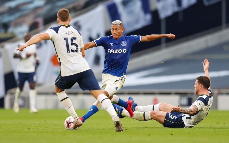 Everton's Richarlison in action with Tottenham Hotspur's Pierre-Emile Hojbjerg and Eric Dier Pool via REUTERS/Catherine Ivill