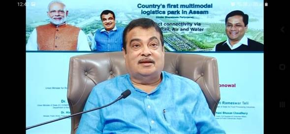 Union Minister for Road Transport, Highways and MSMEs Nitin Gadkari addressing the event for laying of foundation stone for country’s first Multi-modal Logistic Park in Assam on October 20. (PIB Photo)