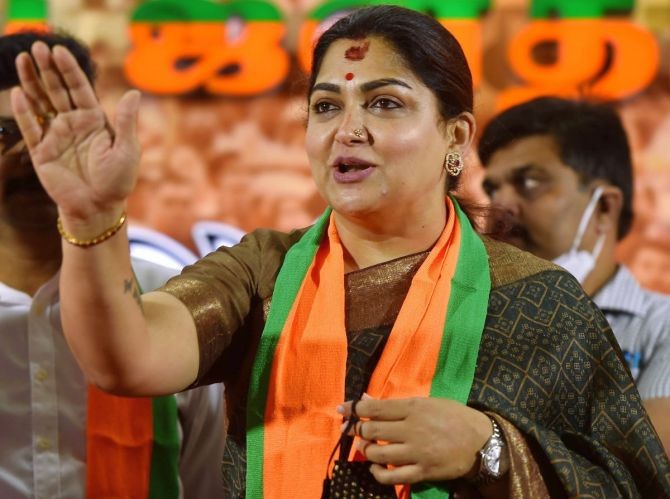 ctor-turned politician Khushbu Sundar addresses a press conference a day after joing BJP in Chennai. Photograph: R Senthil Kumar/PTI Photo