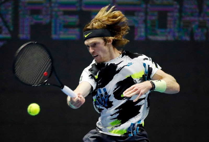 Russia's Andrey Rublev in action during his semi final match against Russia's Denis Shapovalov REUTERS/Anton Vaganov