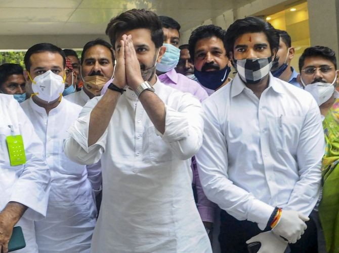 Lok Janshakti Party chief Chirag Paswan along with party leaders after the meeting ahead of Bihar assembly elections, in New Delhi, on Sunday. Photograph: PTI Photo